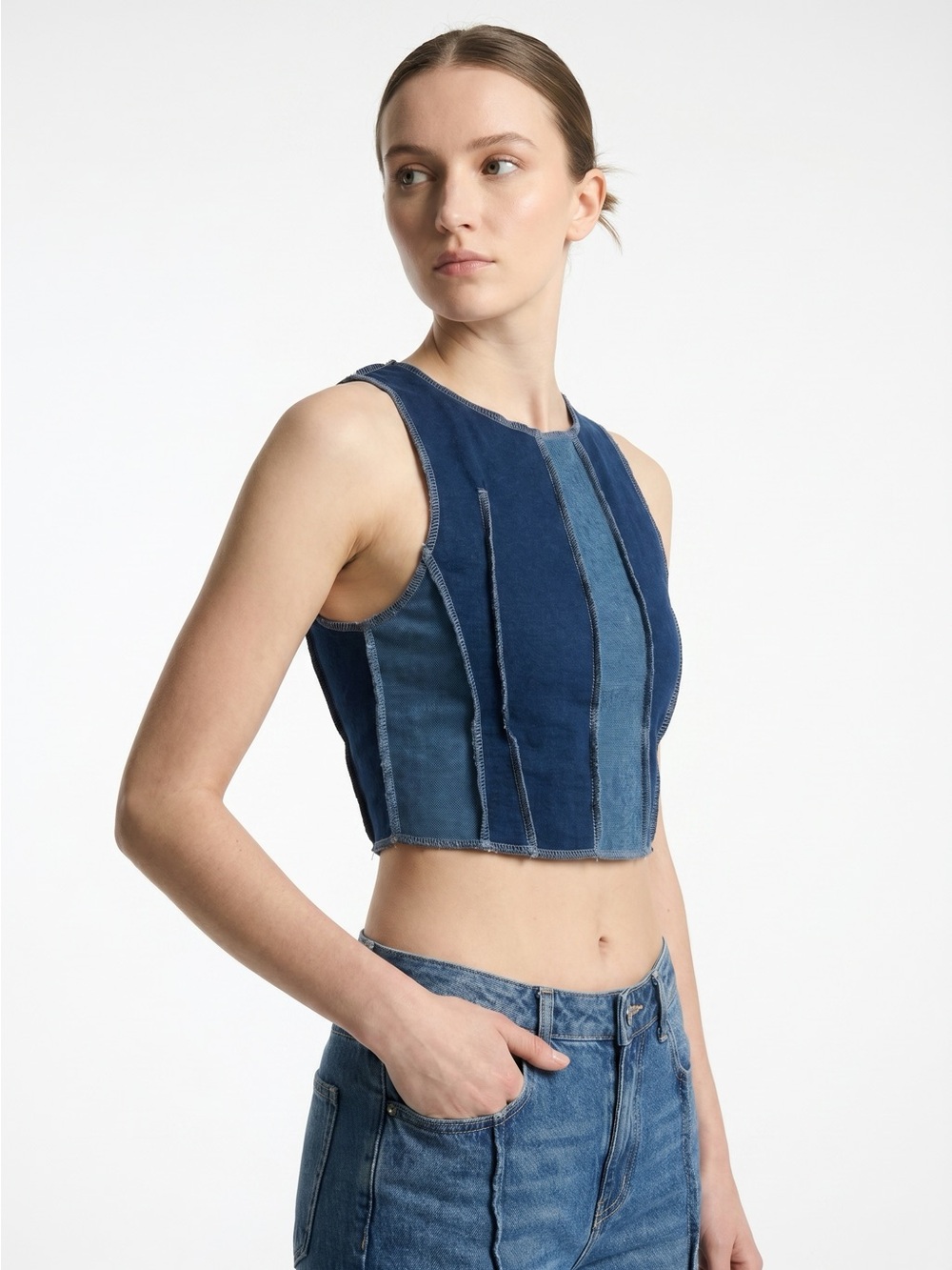 Denim Panel Crop Tank Top - Blue